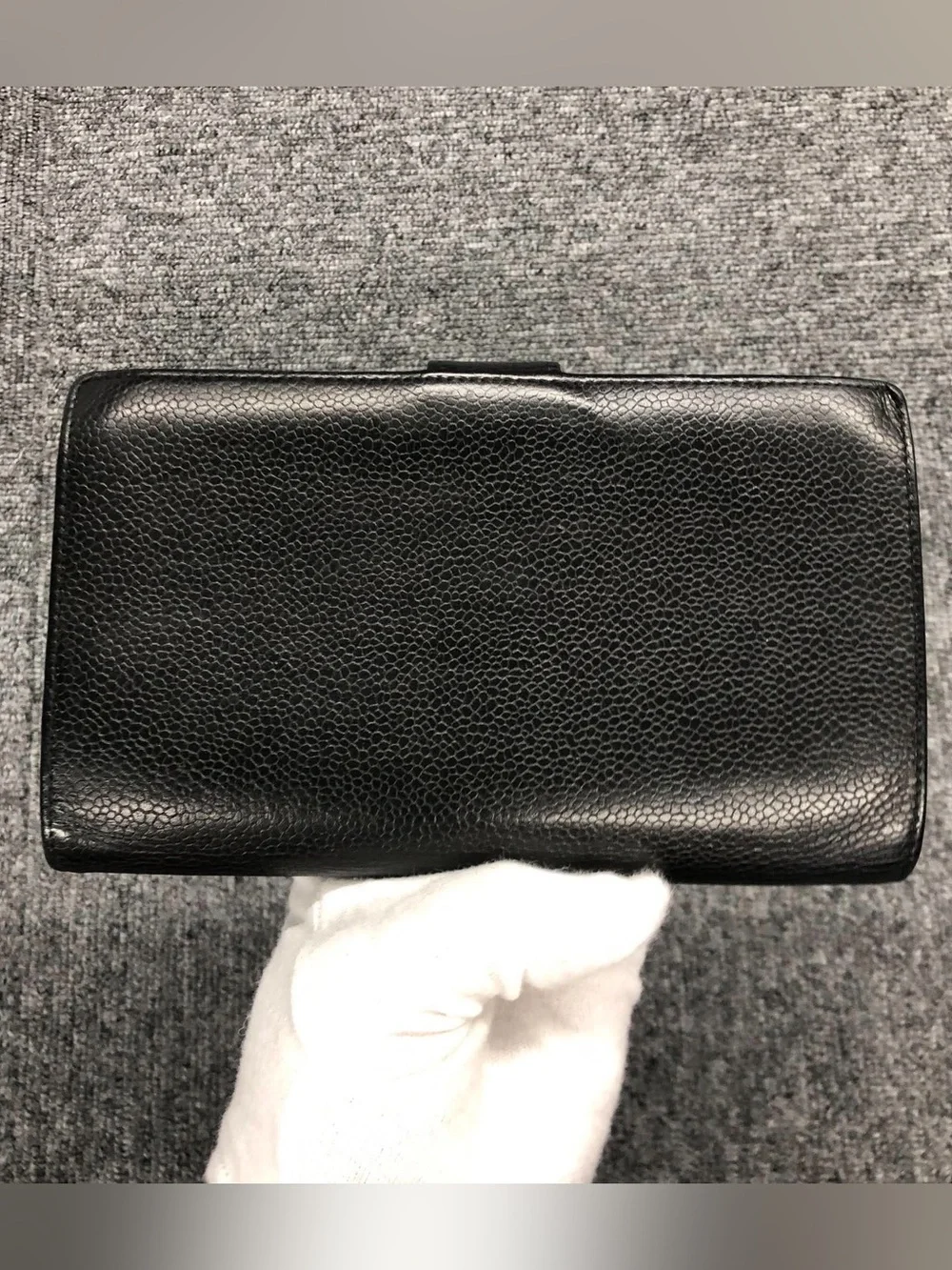 CHANEL Black Caviar Leather Long Wallet with Embossed CC